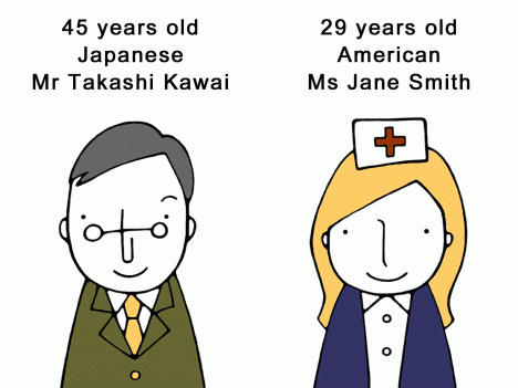  45 years old, Japanese man, Mr Takashi Kawai (left) 29 years old, American lady, Ms Jane Smith (right)